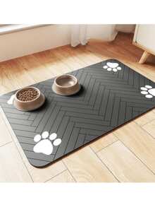 1pc Fast-Drying Diatomaceous Earth Cat/Dog Lover Gift And Dog/Cat Mom Love Pet Feeding Mat – Splash-Proof, Absorbent, Easy To Clean For Dog Lover And Dog Mom Loves And Cat Lover And Cat Mom Loves, Herringbone Pattern With Paw Print Design, Black, Cat/Dog Lover Gift And Dog/Cat Mom Love Pet Feeding Mats Washable