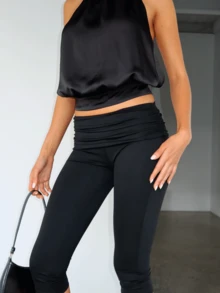 Fold Over Capri Yoga Pants For Women Low Rise Knee Length Stretch Leggings Summer Cute Going Out Crop Pants Streetwear - Black - View 2