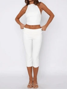 Fold Over Capri Yoga Pants For Women Low Rise Knee Length Stretch Leggings Summer Cute Going Out Crop Pants Streetwear - 白色 - 查看 1