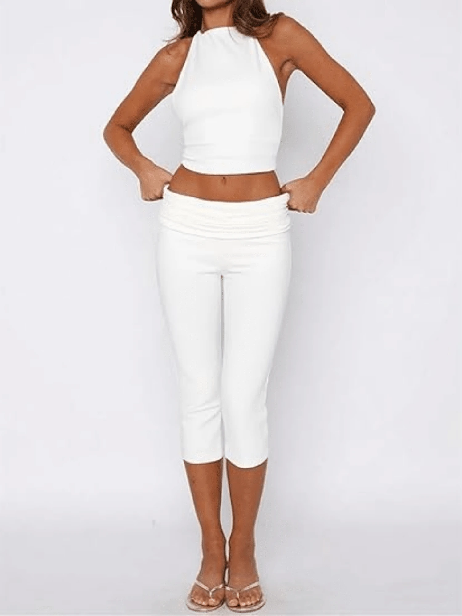Fold Over Capri Yoga Pants For Women Low Rise Knee Length Stretch Leggings Summer Cute Going Out Crop Pants Streetwear - 白色 - 查看 1