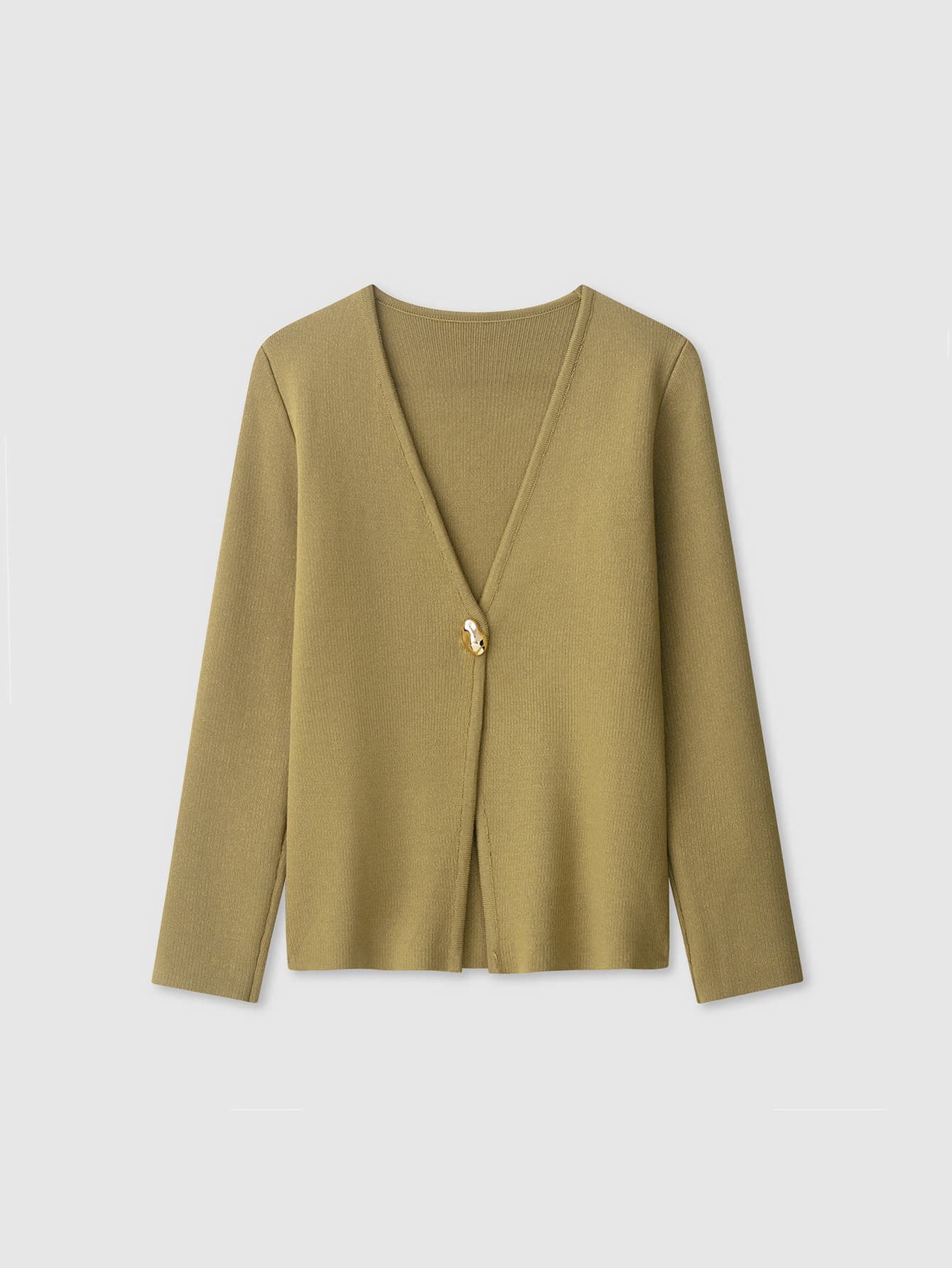 V-Neck Solid Color Casual Knit Sweater With Metal Buttons, Suitable For Spring/Autumn/Winter - Army Green - View 1
