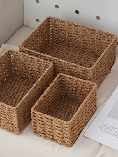 1/3pcs Handmade Woven Storage Basket, Bathroom Organizer, Kitchen Snack Rack, Office Bookshelf, Stationery & Medicine Box, Toy Basket, Vanity Makeup Organizer, Home Decor Basket, Gift Basket, Cosmetic Basket, Living Room Storage Basket