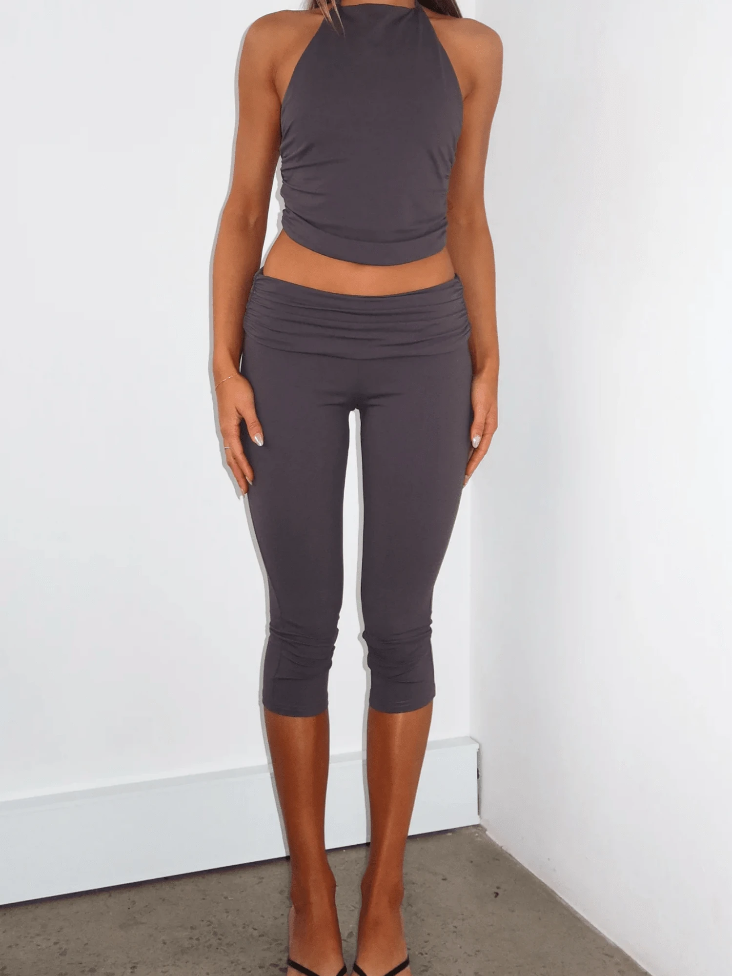 Fold Over Capri Yoga Pants For Women Low Rise Knee Length Stretch Leggings Summer Cute Going Out Crop Pants Streetwear - 淺棕色 - 查看 1