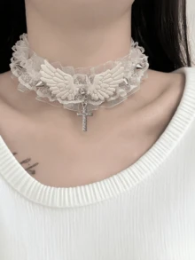 1PC Sexy Black White Lace Lolita Collar Gothic Crystal Cross Pendant Angel Wings Rivet Choker Necklace For Women Punk Party Jewelry