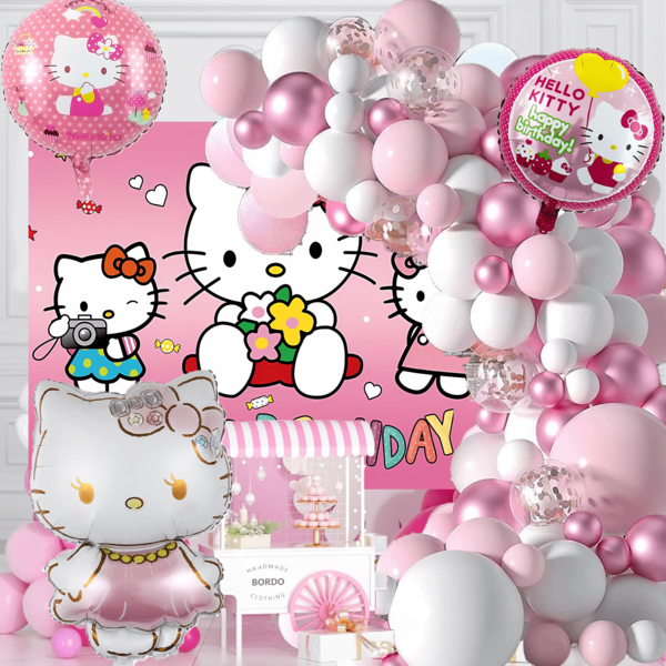 Sanrio 136 pièces Décoration de ballons thème hello kitty rose et blanc (set courbé) - Figurines de ballons hello kitty - Ballons ronds hello kitty - Différentes tailles : 45 cm, 30 cm, 25 cm, 12 cm - Matériau en latex - Texture métallique - Ballons roses et blancs - Convient pour les fêtes à thème hello kitty, les anniversaires de filles, les cadeaux de bébé, les fêtes de vacances, la décoration, les accessoires de studio photo