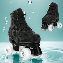 YYW Roller Skates For Women And Men Cowhide High-Top Shoes Classic Double-Row Roller Skate Four-Wheel Roller Skates For Men Girls Unisex Christmas(Camouflage Black Wheel Model) - 迷彩閃光輪 - 查看 10