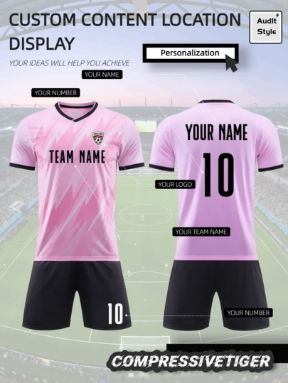 2pcs Custom Men's Football Training Jersey - Personalized Name/Number/Logo - Pink With Black Trim & Gradient Design - Quick - Dry Moisture - Wicking - Matching Shorts - Ideal For Soccer, Volleyball, Basketball, Casual Use, Halloween, Thanksgiving, Christmas And New Year Gifts