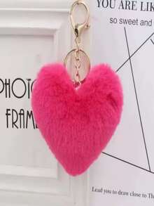 心形仿毛绒球钥匙扣女士合金龙虾扣钥匙扣纯色蓬松绒球钥匙扣汽车包挂件时尚礼物钥匙圈万圣节配饰教师节圣诞节 - 彩色 - 查看 2