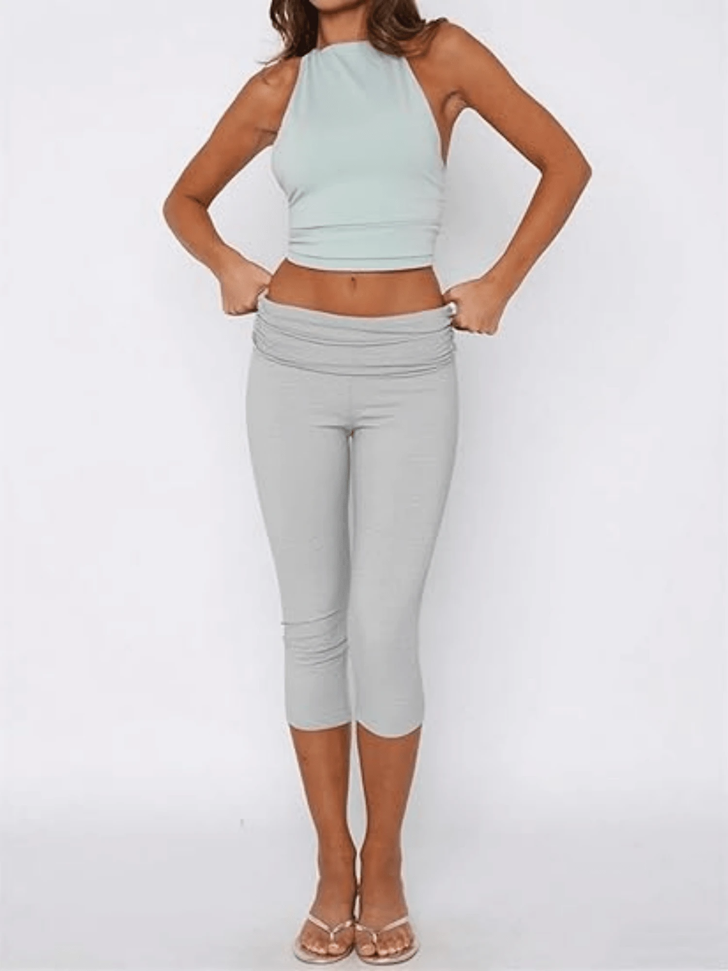 Fold Over Capri Yoga Pants For Women Low Rise Knee Length Stretch Leggings Summer Cute Going Out Crop Pants Streetwear - 灰 - 查看 1