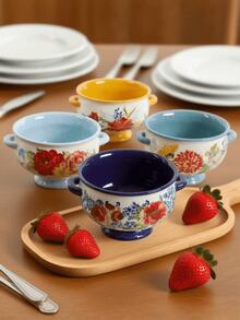 Home Warmer:Set Of 4 20 Oz Soup Bowls - Ceramic Stock Pot With Handles - Soup Bowls With Floral Pattern Design For Soup, Chili, Beef Stew - Microwave, Dishwasher. - 彩色 - 查看 1