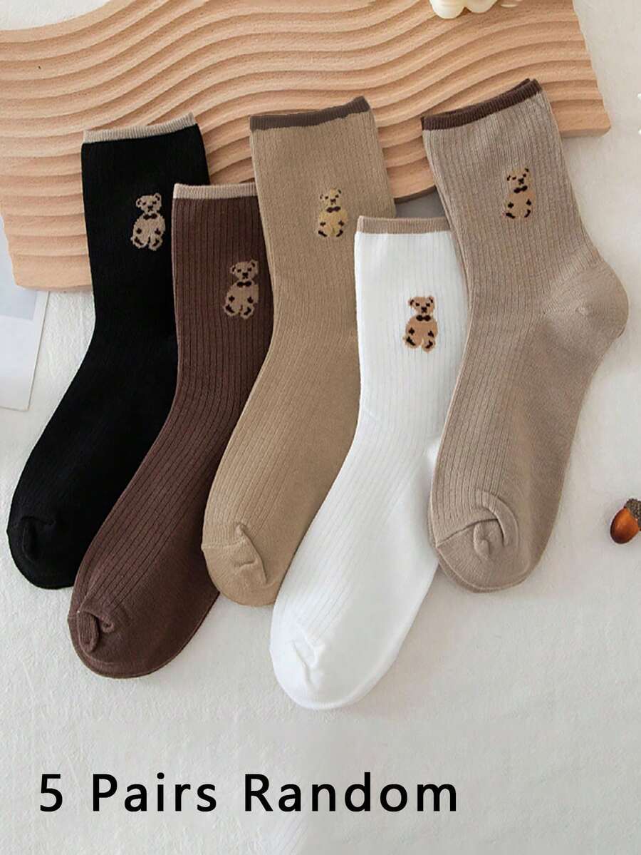5 双女式熊图案中筒袜，休闲/校园风格短袜混色，春夏