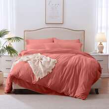 Juego De Cama De Color Sólido (2/3 Piezas), Hecho De 100% Poliéster De Alta Calidad, Suave Y Agradable Para La Piel, Transpirable Para Un Sueño De Alta Calidad Todas Las Noches, Duradero Y Resistente, Fácil De Usar Y Limpiar En La Vida Diaria. - Rosa oscuro - Ver 2