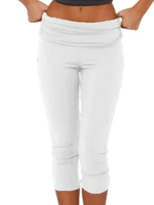 Fold Over Capri Yoga Pants For Women Low Rise Knee Length Stretch Leggings Summer Cute Going Out Crop Pants Streetwear - 白色 - 查看 2