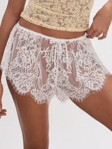 Women Y2k Summer Floral Lace See Through Mini Shorts Hollow Out Lace Sheer Mesh Booty Short  Elastic Waist Wide Leg Low Rise Bow Knot Loose Fit Micro Short Loungewear - 白色 - 查看 2