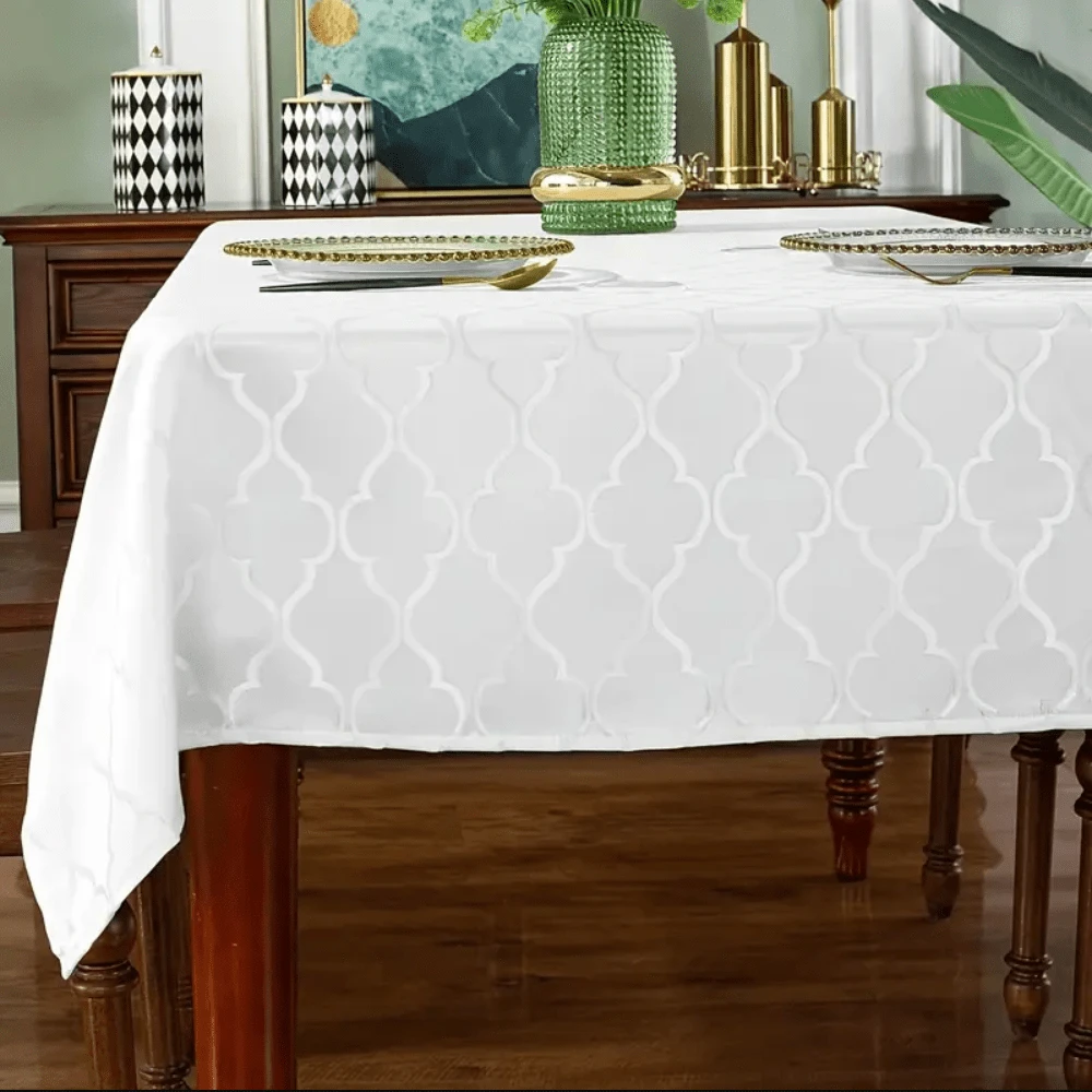Tablecloth Rectangle 60 X 84 Inch, Damask Table Cloth, Heavy Weight Fabric Table Cover For Dining, Parties, Indoor, Outdoor, White Birthday Tablecloth, Floral Fitted Tablecloth For 6 Foot Rectangle Tables, Elegant Design