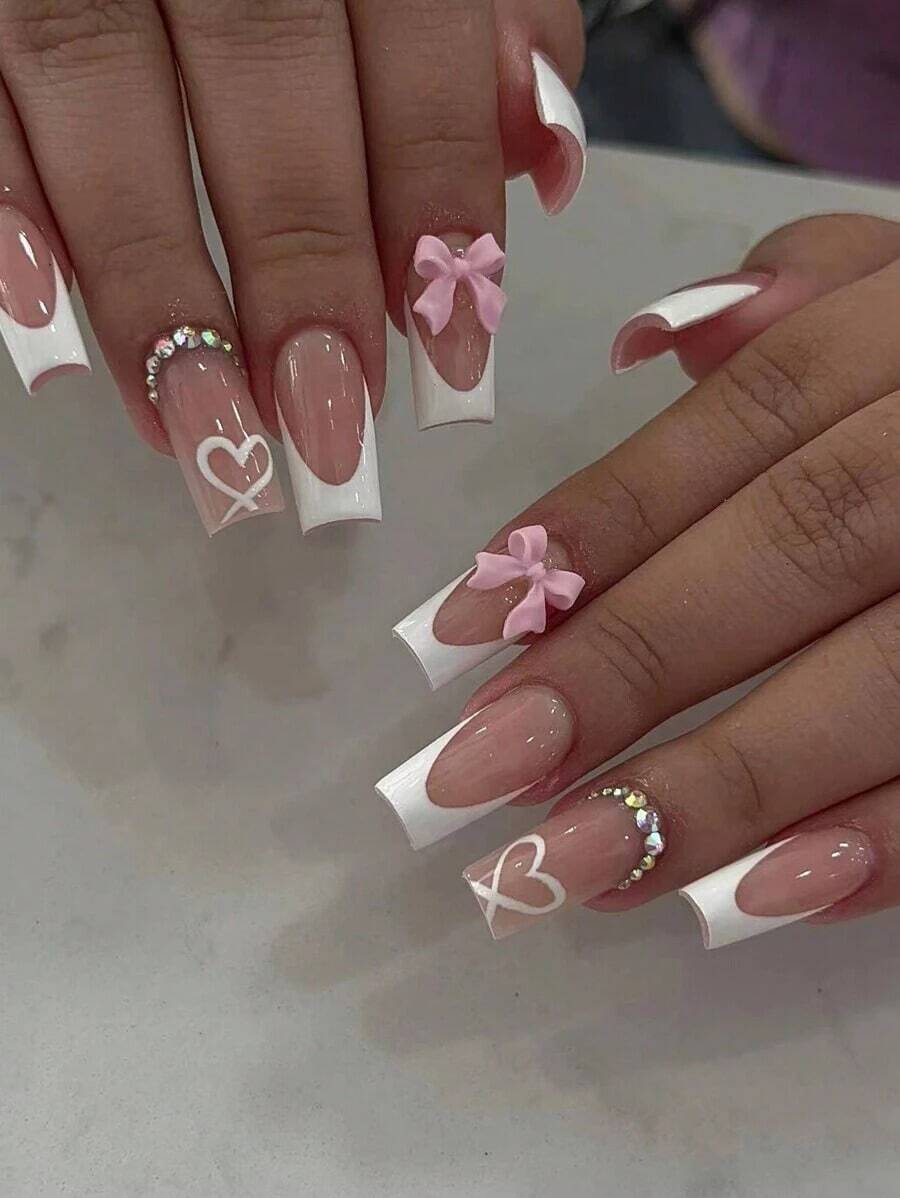 24Pcs/Set Acrylic Press On Nails Heart Pattern Black French With Rhinestone Pink Bow Design Long Coffin Fit Perfectly False Nail,Contain 1Pc Jelly Glue And 1Pc Nail File,French Tip Nails For Women And Girls, Daily Life And Party Use Nail Supplies Nails - 彩色 - 查看 1