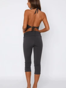 Fold Over Capri Yoga Pants For Women Low Rise Knee Length Stretch Leggings Summer Cute Going Out Crop Pants Streetwear - 淺棕色 - 查看 4