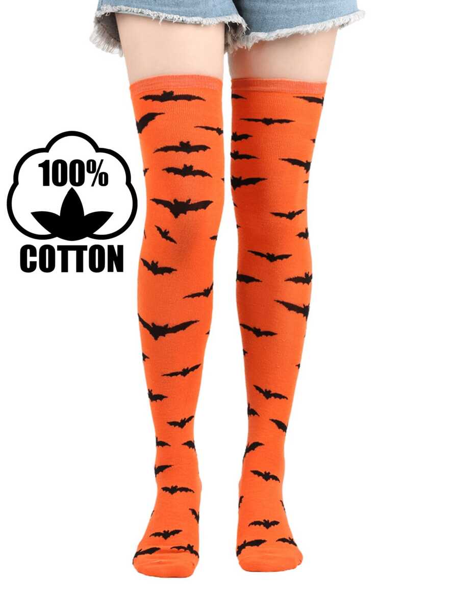 1 par de meias infantis de algodão acima do joelho, adequadas para Halloween, festa de estudantes, combinação de roupas - Laranja - Ver 1