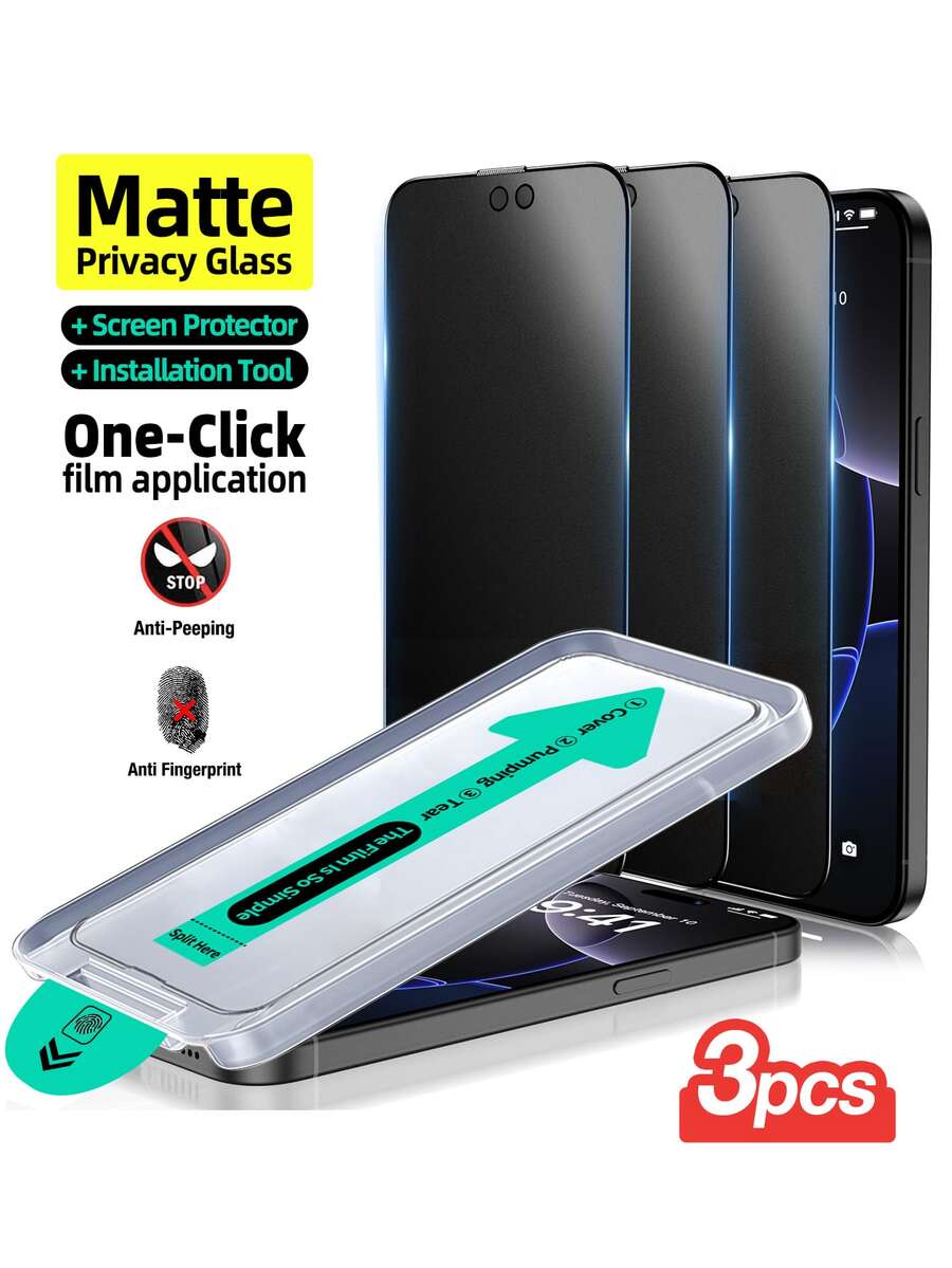 3 Packs Matte Anti-Peeping Tempered Glass Screen Protector With Install Kit Auto-Alignment Kit Compatible With IPhone 17 Pro Max/17 Pro/17 Air/17/16 Pro Max/16 Pro/16 Plus/16/15 Pro Max/14 Pro Max/13 Mini/12/11 Series, Full Coverage, Anti-Fingerprints, Anti-Fall, Anti-Scratch