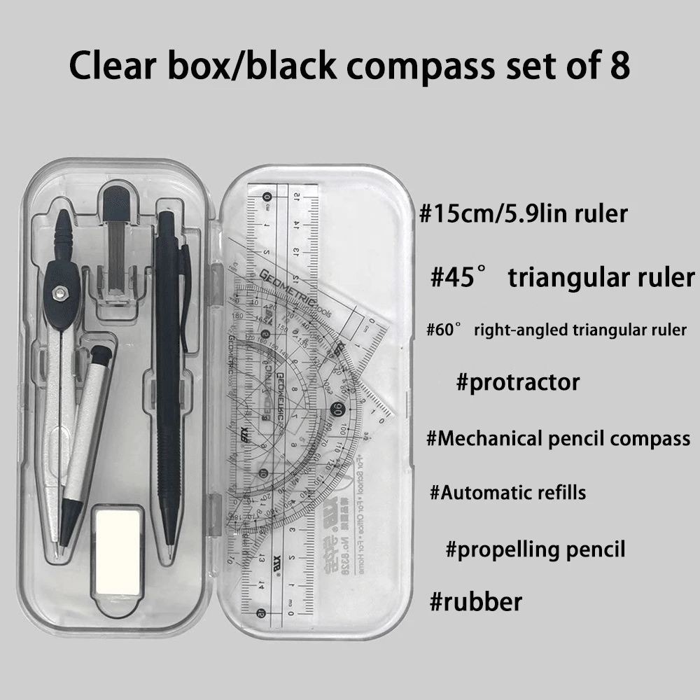 8-teiliges klares Plastik-Geometrie-Kompass- und Lineal-Set - Zeichenwerkzeug-Kit mit Geodreieck, Dreieck und Radiergummi für Schule und Kunstprojekte