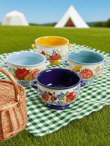 Home Warmer:Set Of 4 20 Oz Soup Bowls - Ceramic Stock Pot With Handles - Soup Bowls With Floral Pattern Design For Soup, Chili, Beef Stew - Microwave, Dishwasher. - 彩色 - 查看 3