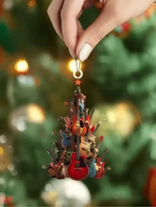 Set de 3 piezas de decoración acrílica con guitarra y árbol de Navidad - Regalo ideal para entusiastas de la música, logotipo plano 2D multifuncional adecuado para hogares, oficinas y porches - Perfecto para arte navideño interior/exterior, decoración de sala de música, señalización de escritorio, talla grande adecuado para Navidad
