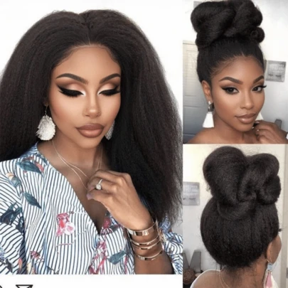 Kinky Straight 13x4 Lace Front Human Hair Wigs Pre Plucked Yaki Straight Brazilian Human Hair Wigs For Women With Baby Hair Lace Front Wig For Holiday Christmas New Year Valentine's Day Use