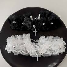 1PC Sexy Black White Lace Lolita Collar Gothic Crystal Cross Pendant Angel Wings Rivet Choker Necklace For Women Punk Party Jewelry