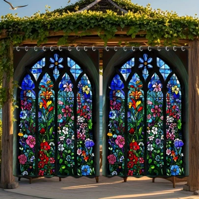 2pcs Colored Glass Door Flower Outdoor Curtains, Outside Curtains For Porch Pavilion Gazebo, Living Room Bedroom Outdoor Indoor Window Curtains, 2 Panel Blackout Privacy Protection Rod Pocket Drape, Retro Art Home Decor Room Decor LZY