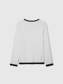 V-Neck Solid Color Casual Knit Sweater With Metal Buttons, Suitable For Spring/Autumn/Winter - White Black - View 2