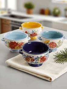 Home Warmer:Set Of 4 20 Oz Soup Bowls - Ceramic Stock Pot With Handles - Soup Bowls With Floral Pattern Design For Soup, Chili, Beef Stew - Microwave, Dishwasher. - 彩色 - 查看 4