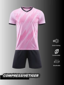 两件套定制男士足球训练服 - 可个性化定制姓名/号码/队徽 - 粉色底黑色滚边渐变设计 - 速干吸湿排汗 - 配套短裤 - 适用于足球、排球、篮球、休闲穿着，也是万圣节、感恩节、圣诞节和新年礼物的理想之选 - 粉色 - 查看 2