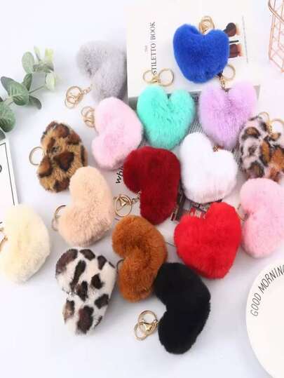 Heart-Shaped Faux Fur Pom Pom Keychain Women's Alloy Lobster Clasp Keychain Solid Color Fluffy Pom Pom Keychain Car Bag Pendant Fashionable Gift Keyring Halloween Accessories Teachers Day Christmas