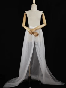1pc Women's White 1.4CM Double-Layer Mesh Tie-Up Long Tail Skirt, See-Through Tulle Skirt For Photography