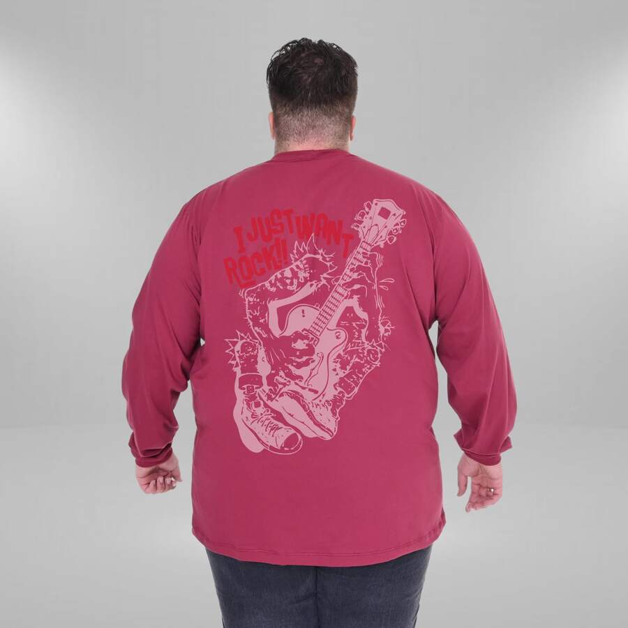 Men's Rock And Roll Metal Plus Size Long Sleeve T-Shirt 100% Cotton - 紫紅色 - 查看 1