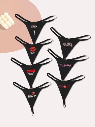 7pcs/Pack Sexy Heart Shaped Lace Trim Women's Thong Panties, Rave