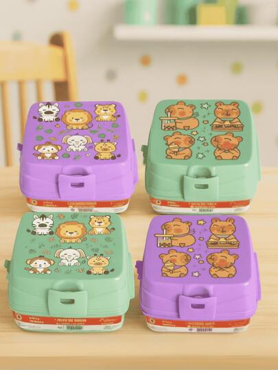 Lancheira Infantil Dupla com 4 Divisórias – Estampa Safari – Prática, Térmica e Portátil nas Cores Roxa e Verde