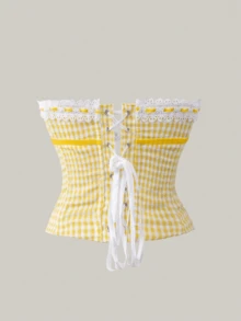 Yuwenier 性感芭蕾舞风格金属镂空刺绣花卉蕾丝饰边撞色缎面蝴蝶结抹胸露脐上衣 - 黃色 - 查看 4