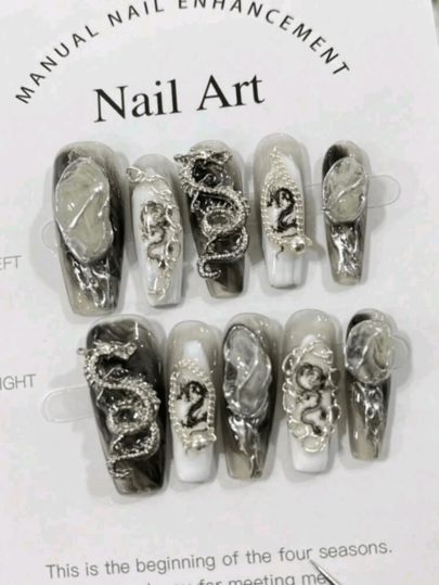 10 Stücke rein handgefertigte luxuriöse Drachen tragbare Nagel Aufkleber, hochwertige tragbare Nägel mit abnehmbaren schwarzen Drachen, luxuriöse Nagelkunst