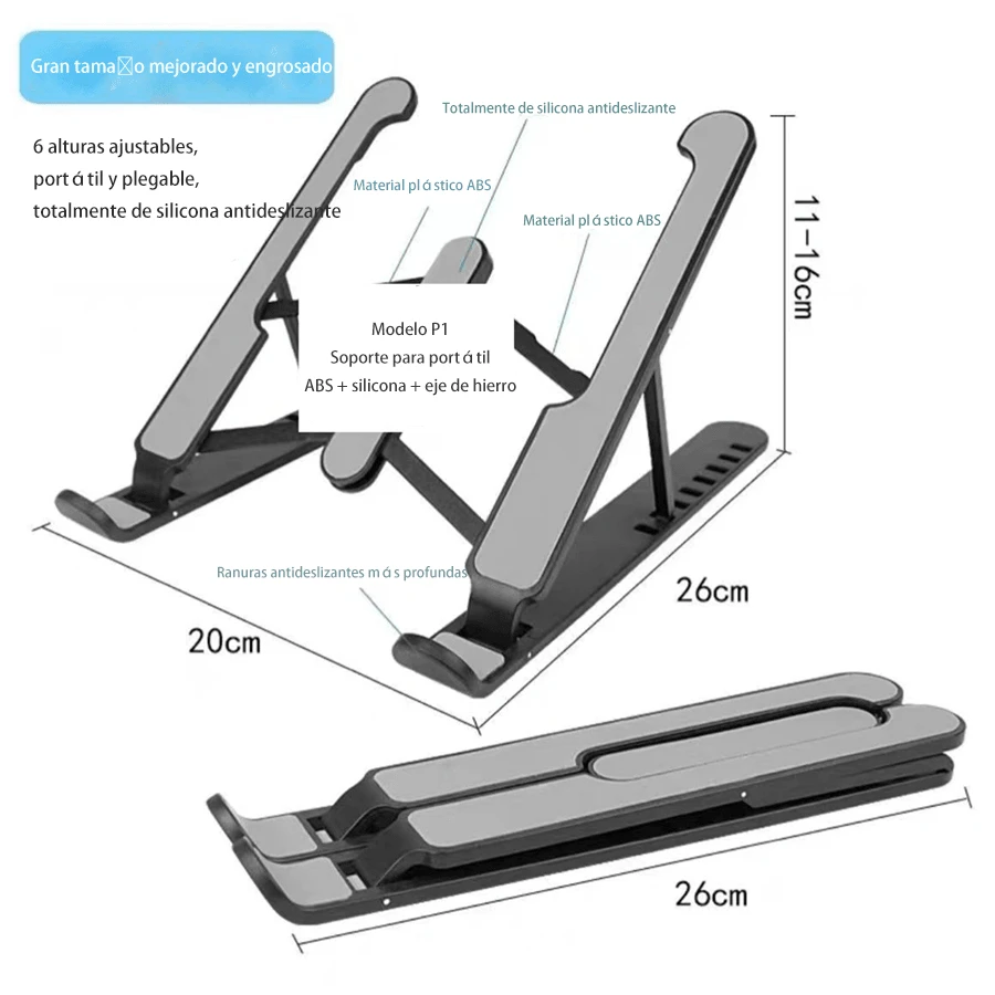 Soporte plegable ajustable para portátil, 7 niveles, almohadilla de refrigeración, base ergonómica para computadora laptop, accesorio para oficina y estudio, mejora postura y ventilación, fácil transporte y almacenamiento