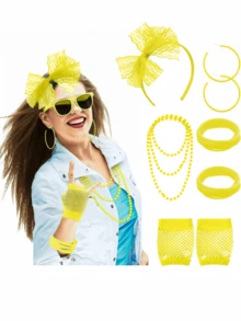 Bộ phụ kiện trang phục phong cách retro thập niên 80 gồm 16 món, bao gồm băng đô ren, khuyên tai, găng tay lưới, vòng cổ và vòng tay, thích hợp cho các bữa tiệc retro thập niên 80, tiệc Halloween, tiệc độc thân và trang trí Halloween. - Nhiều màu - Xem 4