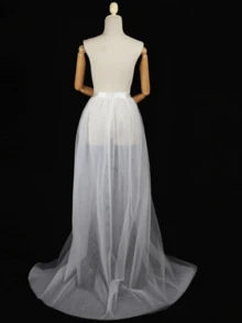 1pc Women's White 1.4CM Double-Layer Mesh Tie-Up Long Tail Skirt, See-Through Tulle Skirt For Photography