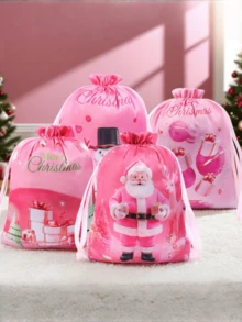 1pc/3pcs/5pcs Satin Drawstring Bags, Christmas Candy Gift Bags, Pink Packaging Storage Bags - Multicolor - View 2