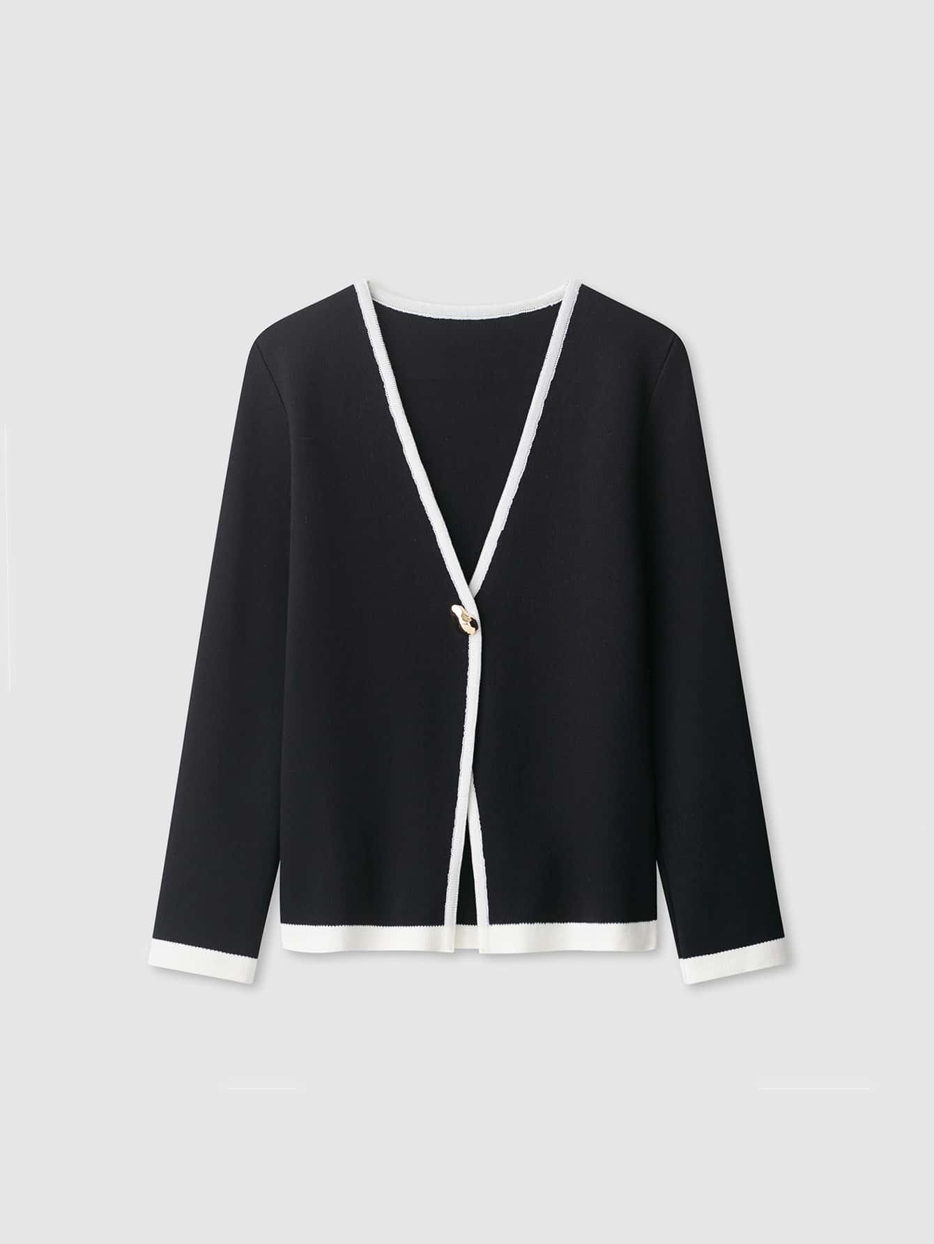 Long Sleeve Solid V-Neck Casual Knit Sweater With Metal Buttons, Suitable For Spring/Autumn/Winter - Black and White - View 1