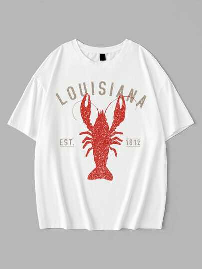 Camiseta Casual de Manga Curta e Gola Redonda com Estampa de Lagosta