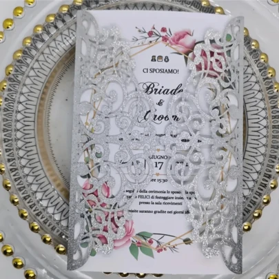 [Paquete de 10] Tarjetas de invitación de corte láser plateadas brillantes - Elegantes para bodas, compromisos o tarjetas de bar con interior en blanco para personalización