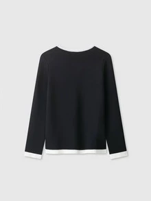Long Sleeve Solid V-Neck Casual Knit Sweater With Metal Buttons, Suitable For Spring/Autumn/Winter - Black and White - View 2