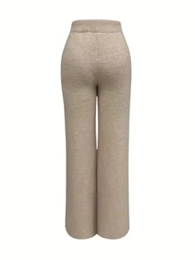 Women's Long Ribbed Knit Wool-Lined Warm Pants, Suitable For Autumn/Winter Everyday Wear