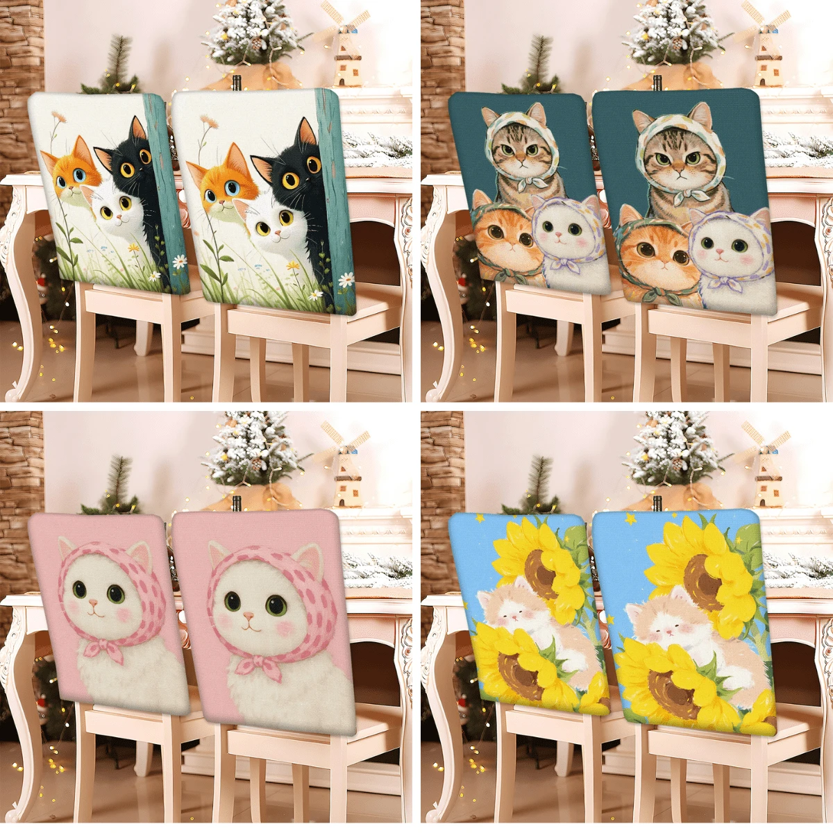 2/4/6pcs Cute Cat Pattern Linen Chair Covers, Suitable For Home Decor, Living Room, Dining Room, Garden, Hotel, Party, Washable Polyester Material Chair Seat Cushion Covers - Multicolor - View 1