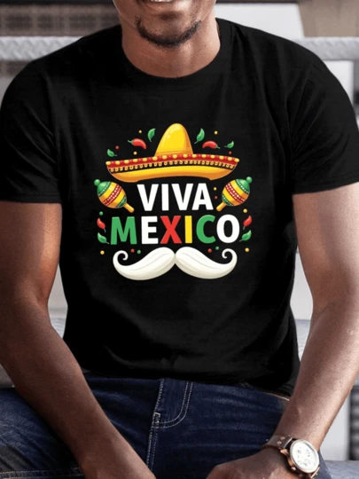 Camiseta de hombre con diseño divertido Viva México Sombrero,maracas y bigote.Estilo casual y original,perfecta para celebrar con alegría.